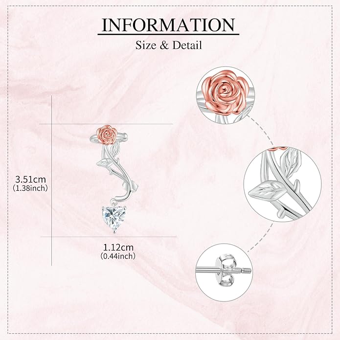 Ear Climbers Earrings for Women Sterling Silver Rose Flower Ear Crawler Earrings Rose Wedding Jewelry for Bride Bridesmaid Mother