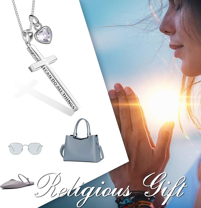 POPLYKE Cross Necklace 925 Sterling Silver Philippians 4:13 I Can Do All The Things Inspirational Necklace Gifts for Women Men 20+2''