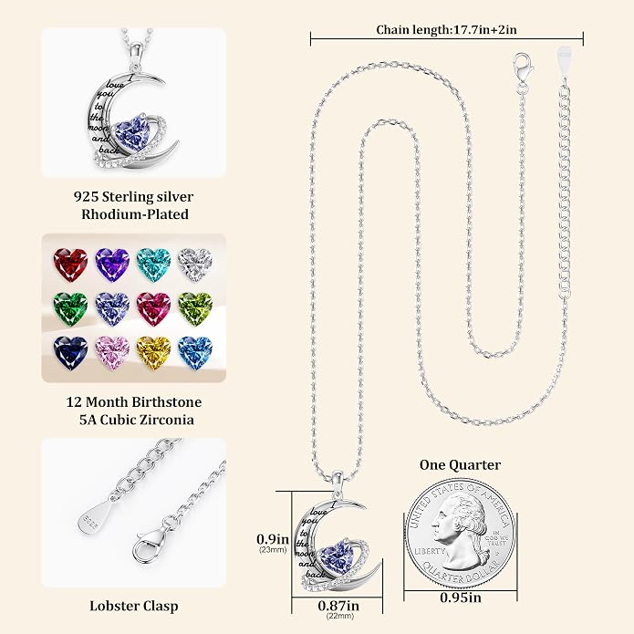 Distance I Love You to The Moon and Back Necklace for Women, S925 Sterling Silver Forever Love Heart Birthstone Necklace, Anniversary Birthday Jewelry for Wife Lover