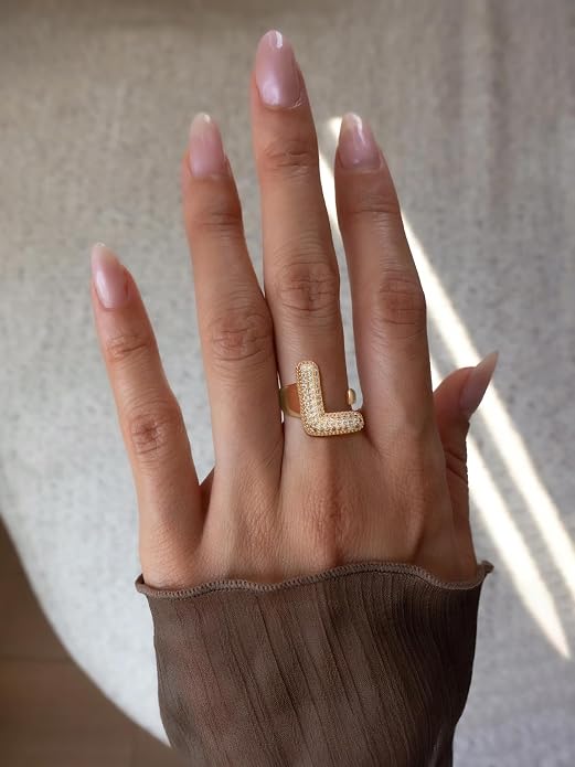 KeyStyle Bold Initial Letter Rings Adjustable, GoldChic Jewelry Women Gold Statement Ring Personalized Engraved Women’s Open Signet Ring for Party (Gold, White Gold, Black)