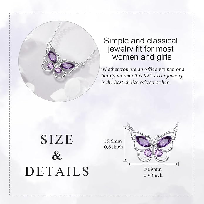 Butterfly Necklace for Women 925 Sterling Silver Crystal Butterfly Pendant Birthstone Amethyst Jewelry Gift