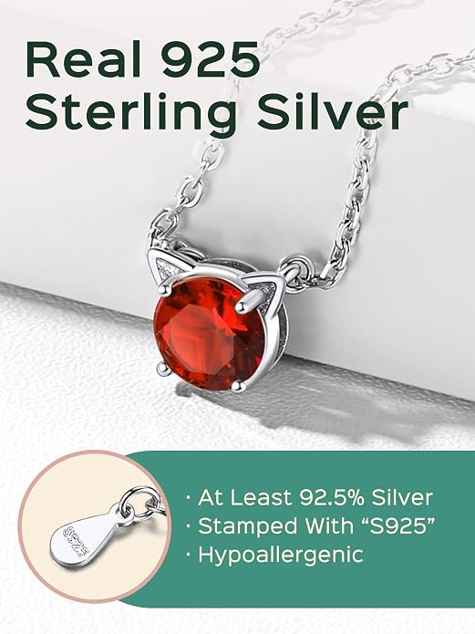 ChicSilver Bow and Cat Birthstone Necklace, 925 Sterling Silver Pendant Necklaces for Women, Hypoallergenic Silver Choker with 16 inch Rolo Chain, 12 Months Jewelry for Valentines Mothers Day Christmas
