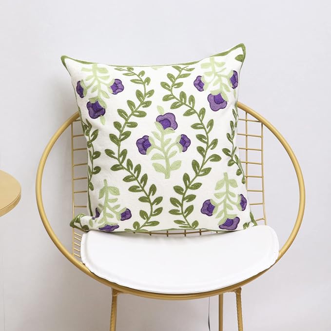 Set of 2 Embroidered Decorative Throw Pillow Covers Couch Square Pillowcases Cushion for Bedroom Sofa Farmhouse Decor 18x18 Inch (Purple Floral)