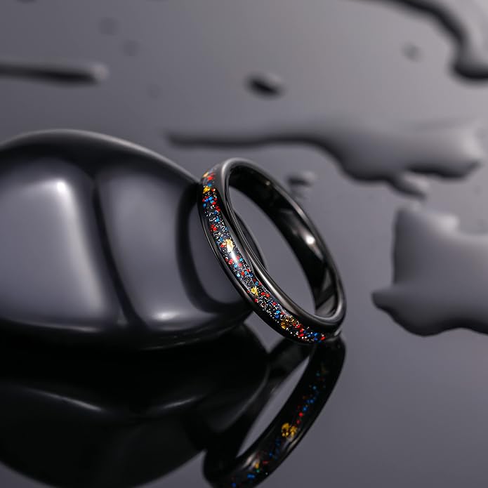 TRUMIUM 4mm 6mm Wedding Rings for Men Women Tungsten Carbide Galaxy Opal and Sandblast Inlay Multi-Colored Mens Wedding Band Beveled Edges Comfort Fit Size 5-13
