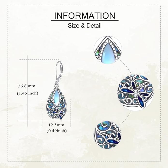 MONGAS Dragonfly Filigree Earrings Sterling Silver Moonstone Teardrop Abalone Drop Dangle Earrings Filigree Leverback Dragonfly Jewelry Gifts for Women