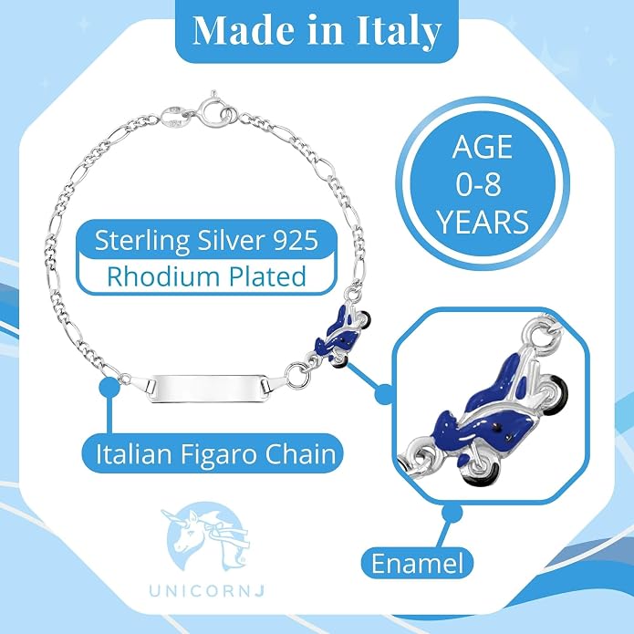 UNICORNJ 925 Italy Sterling Silver Child or Baby Name Bracelet Girls Boys, Personalized Engraved Kids ID Bracelets, 6.5" Figaro Chain, Enamel Charm Newborn Infant Toddler Kid Jewelry