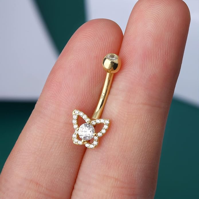 COCHARM 14K Real Gold Butterfly Belly Button Rings Solid Gold Belly Rings for Women 14K Belly Piercing Jewelry 14 14ktNavel Rings Navel Bar