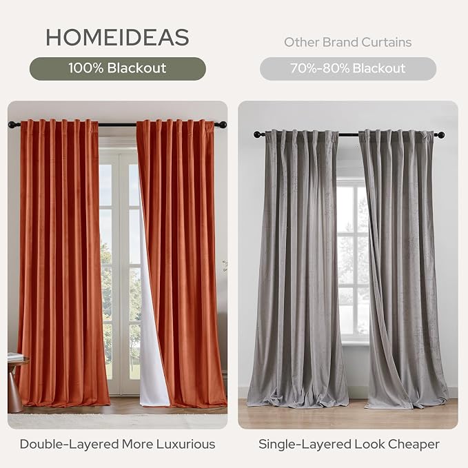 HOMEIDEAS 100% Blackout Burnt Orange Velvet Curtains, Thermal Noise Reduction Luxury Vintage Christmas Velvet Curtains for Bedroom Decor, Living Room, Home, 52 X 84 Inch, 2 Panels