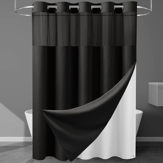 EUTXL Heavyweight Long No Hook Shower Curtain with Snap in Liner,256GSM Waffle Weave Shower Curtains for Bathroom,71W x 77H(75"),Black