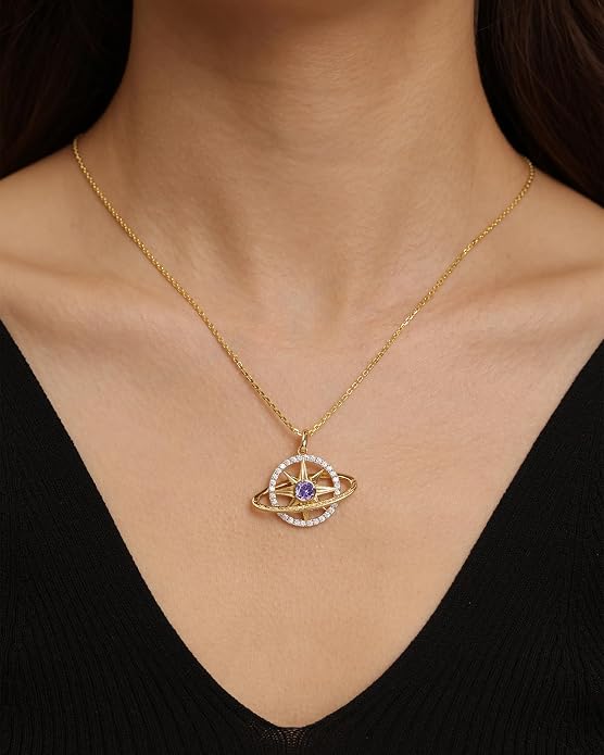 FANCIME Stellar Promise Birthstone Necklace for Women White Gold Plated Sterling Silver Planet Star Pendant Fine Jewelry Anniversary Birthday Mothers Day Gifts for Women Wife Friend Her