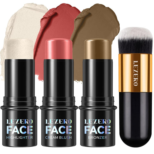 Lezero 3Pcs Contour Stick Makeup Kit, Shades with Highlighter, Blush and Bronzer Stick for Sculpt the Face and All Skin Type, Long Lasting, Smooth, Dewy & Matte Finish, MEDIUM TAN