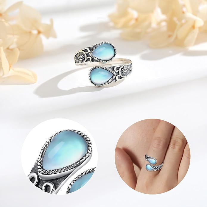 Vito 925 Sterling Silver Adjustable Open Spoon Ring for Women Men, Lotus Sunflower Snake Spoon Band Rings Feather Hug Witches Knot Inspirational Jewelry Gift for Wife