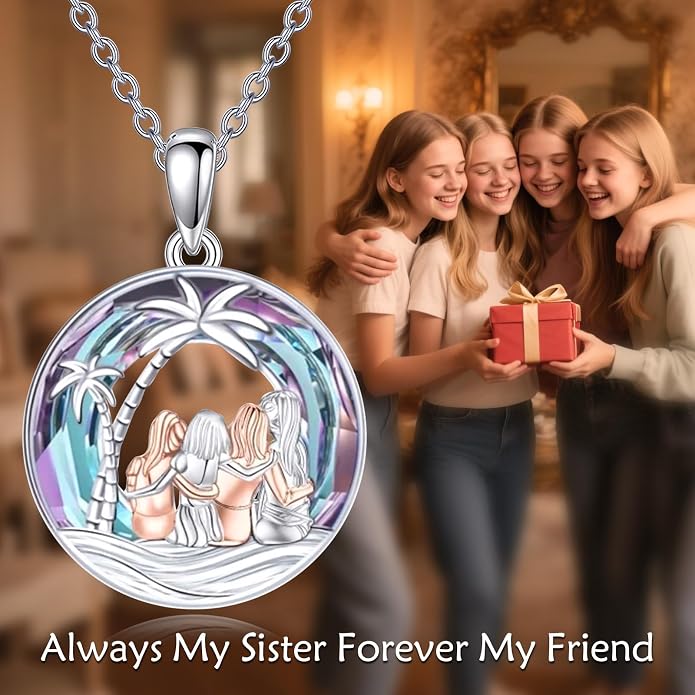 Sisters Necklace Sterling Silver Always My Sister Forever My Friend Jewelry Tree of Life Palm Trees Necklace for Women Female Friendship Jewelry