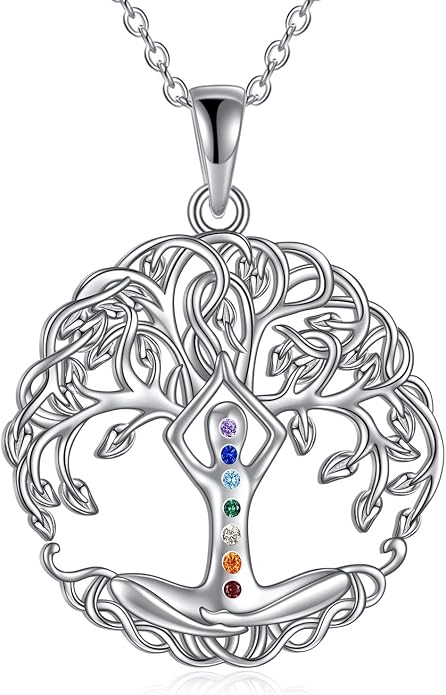 YAFEINI Chakra Necklace 925 Sterling Silver Angel/Tree of Life/Lotus/Dragonfly Neckalce Healing Crystal Pendant Neckalce Chakra Jewelry Gift for Women
