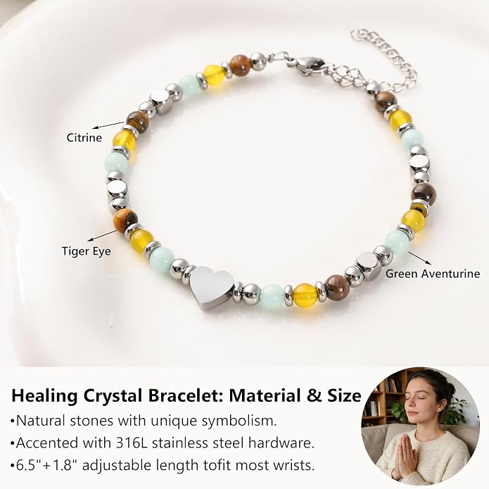 Jardme Natural Healing Crystals Bracelets for Women, Anxiety Relief Triple Protection Good Luck, Kalm Bracelet, Inspirational Spiritual Jewelry Gift for Friends Daughter Mom 6.5+2 Inches