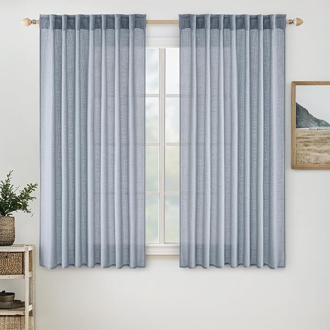 MIULEE Chambray Blue Linen Curtains 54 Inch Length 2 Panels for Bedroom Living Room, Soft Linen Textured Window Drapes Semi Sheer Light Filtering Back Tab Rod Pocket Farmhouse Modern Burlap Look Decor