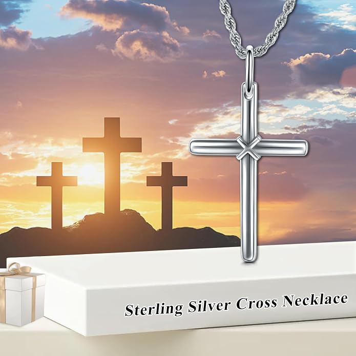 KXJ S925 Sterling Silver Black Cross/Best Dad/Baseball Bat/Silver Cross/Ankh Cross/Crucifix with 22+2 Inches Stainless Steel Rolo Chain Cross Necklace for Men Women Christian Religious Jewelry Gifts