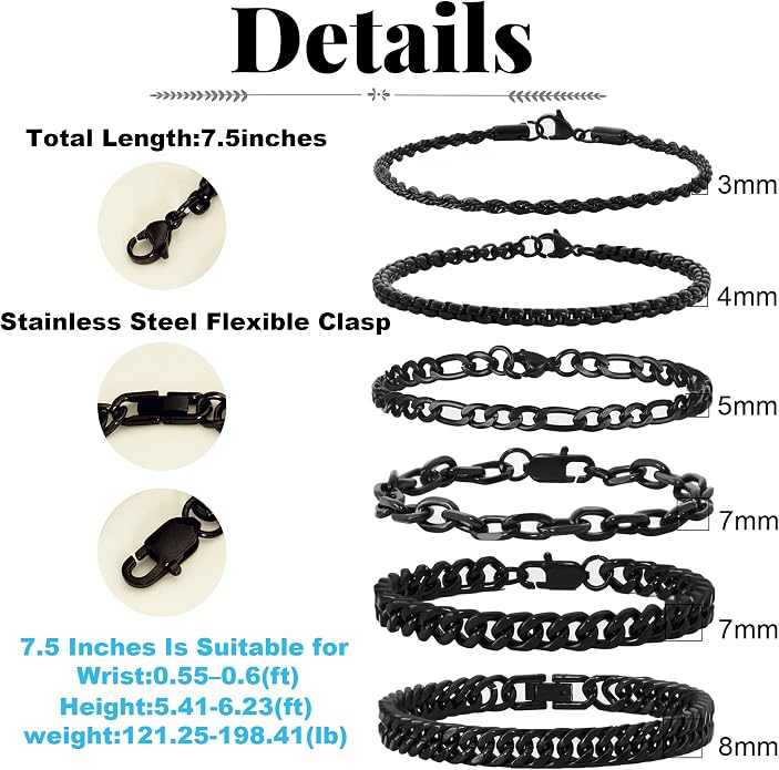 XIANNVXI 6pcs Bracelets for Men Gifts for Him Stainless Steel Bracelet Silver/Gold/Black Cuban Link Rope Paperclip Chain Bracelets Set 6.5/7/7.5/8.3/9 Inches Metal Bracelet Mens Fashion Accessories Jewelry Gifts Set