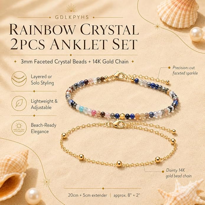 2Pcs Beaded Anklets for Women, Natural Stone Bead Ankle Bracelets with 14K Gold Plated Chain, Waterproof Adjustable Layered Anklet Set, Boho Beach Summer Jewelry Gift