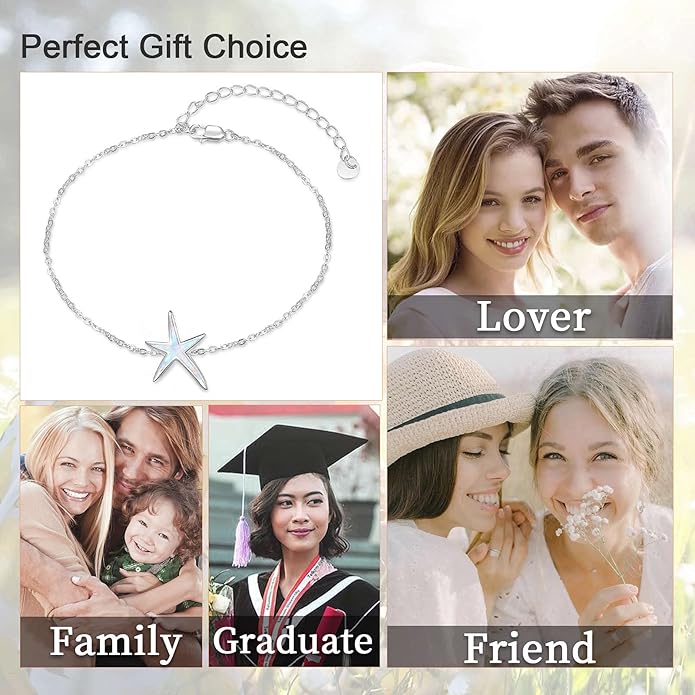 Cuoka Starfish Bracelet 925 Sterling Silver with White Fire Opal Chain Bracelets Ocean Jewelry Birthday For Women