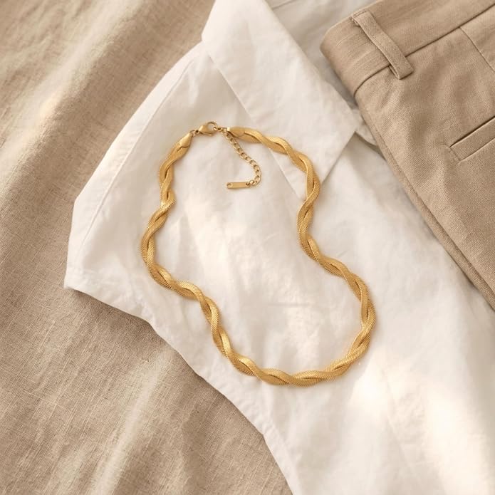 Twisted Gold Herringbone Necklace for Women – Waterproof 18K Gold Plated Stainless Steel, Minimalist Adjustable Chain
