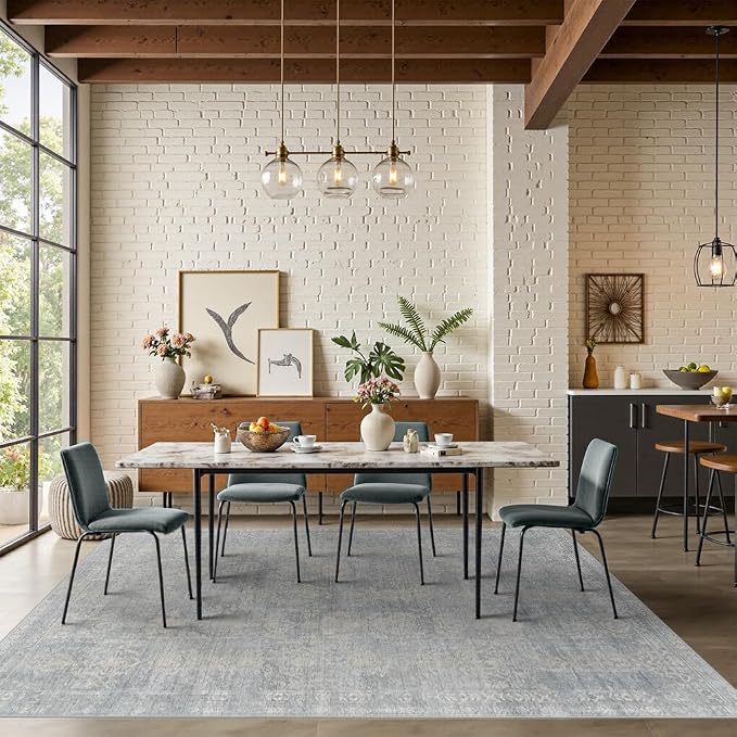 Rugxara 6x9 Area Rugs Washable Rug for Living Room Bedroom, Blue/Beige | Non Slip, Rug for Dining Room Office Farmhouse, Stain Resistant, Soft, Low Pile, Vintage Boho Floral Retro Carpet, Home Decor