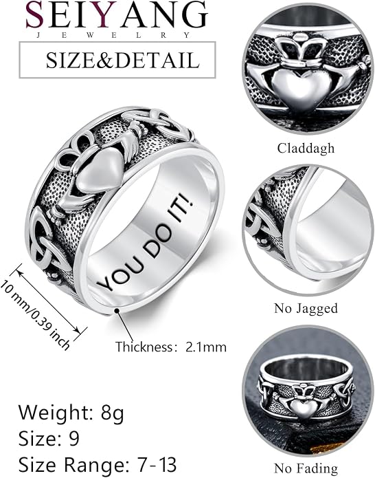 Seiyang Claddagh Ring 925 Sterling Silver Celtic Ring Jewelry Irish Band Gift for Men Women (with Gift Box)
