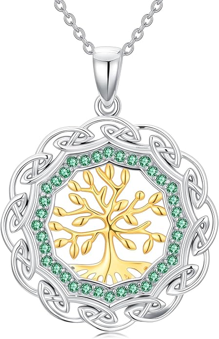 Sterling Silver Birthstone Celtic Tree of Life Necklace, 18K Gold Plated Colored Gemstone Tree of Life Pendant Two-Tone Necklaces Jewelry Birthday Gifts for Women 18" - 20"
