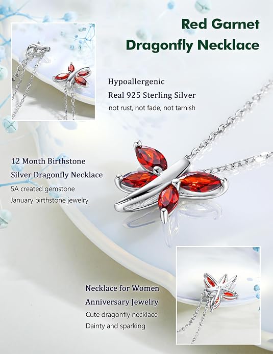 925 Sterling Silver Birthstone Necklaces for Women, Dainty Cute Dragonfly/Butterfly Pendant Necklace, Great Christmas/Anniversary Jewelry for Mother