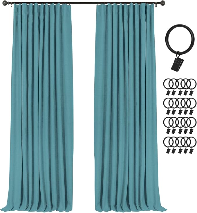 INOVADAY 100% Blackout Curtains for Bedroom, Teal Black Out Curtains 90 Inch Long, Clip Rings Linen Blackout Drapes, Thermal Insulated Room Darkening for Living Room, 2 Panels - W50xL90