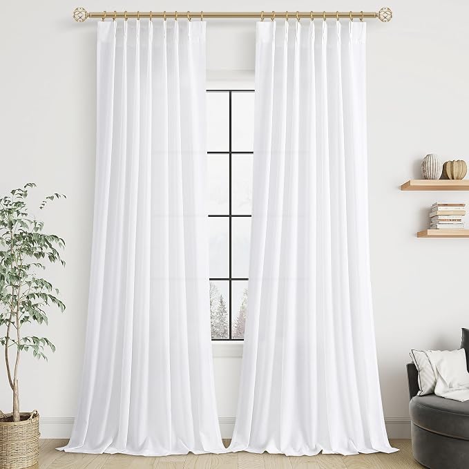 White Linen Curtains 102 Inches Long for Living Room Pinch Pleated Curtain Drape with Hooks for Track System Back Tab Light Filtering Cotton 102 Inch Curtain 2 Panels for Bedroom Sliding Patio Door