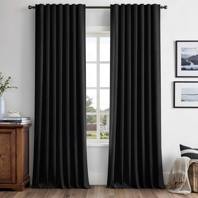 MIULEE 100% Blackout Linen Curtains for Bedroom 42 x 96 Inch Black 2 Panels | Thermal Insulated, Room Darkening Drapes for Living Room, Back Tab Rod Pocket Pinch Pleated, Solid Luxury Decor