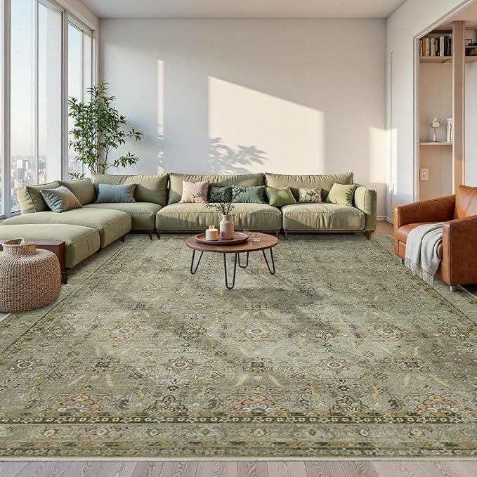 Rugxara 10x14 Area Rugs for Living Room Large Washable Rug, Olive Brown | Non Slip, Rug for Bedroom Dining Room Office Farmhouse, Stain Resistant, Soft, Low Pile, Vintage Boho Carpet, Home Decor