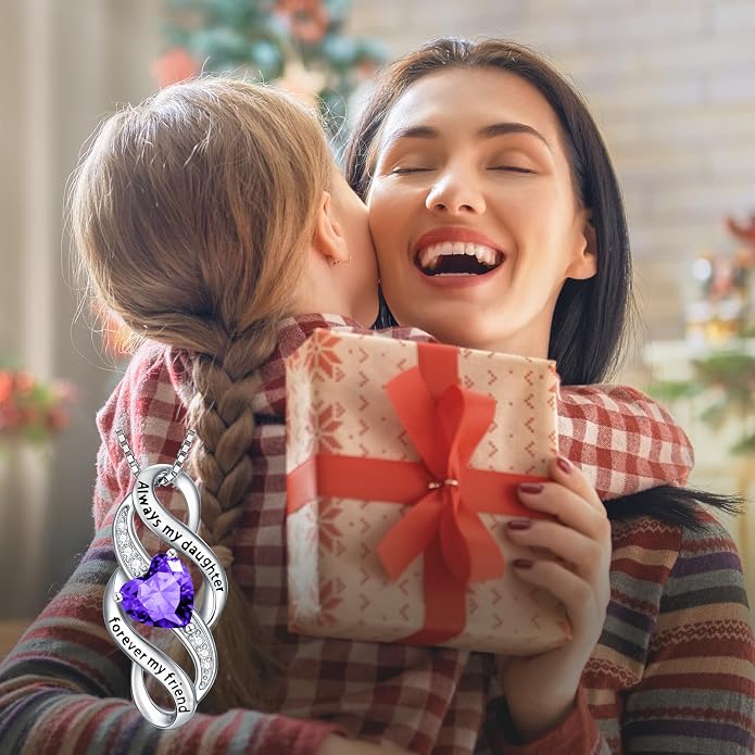 Daughter Necklace 925 Sterling Silver Always My Daughter Forever My Friend Infinity Necklace to Daughter Birthday Gift from Mom with 12 Birthstones