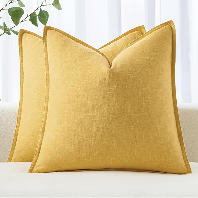 MIULEE Decorative Linen Pillow Covers 18x18 Inch Yellow | Boho Farmhouse Neutral Couch Throw Pillows for Bed, Pack of 2 Accent Modern Pillowcases, Sofa Livingroom Home Decor