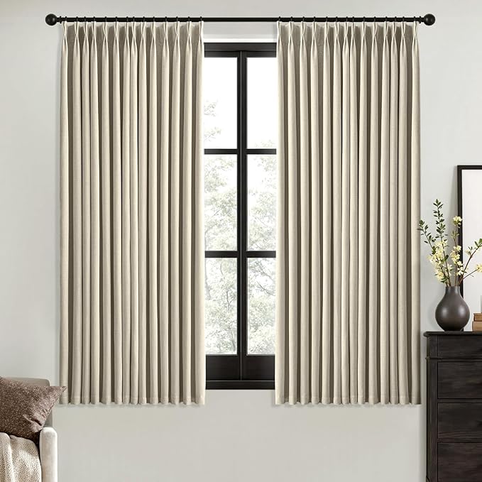 MIULEE Burlywood Birch Pinch Pleated 100% Blackout Linen Curtains for Bedroom, Room Darkening Memory Trained Window Curtains 63 inches Long for Living Room, Black Out Pleat Drapes, 2 Panels