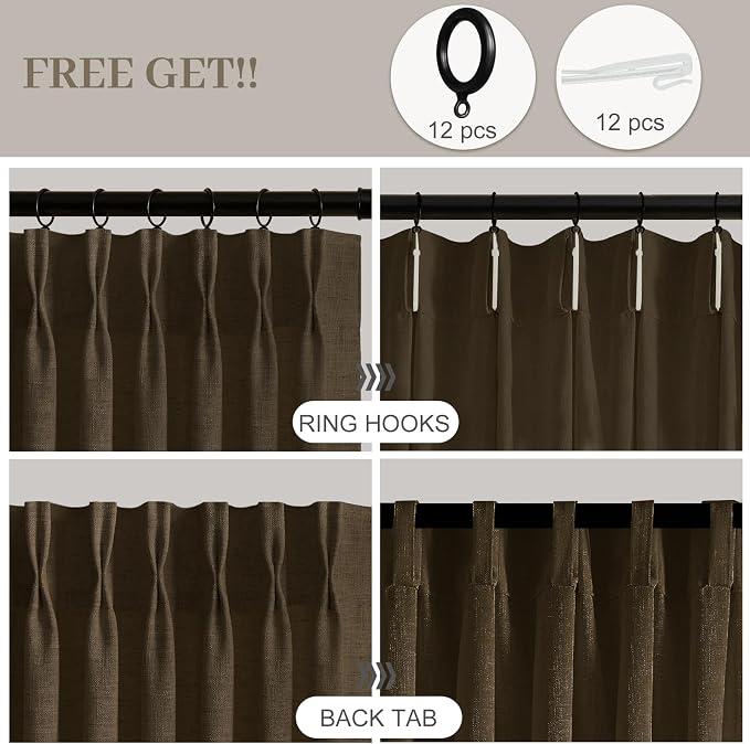 Pinch Pleated Linen Curtains 84 Inch Length 2 Panels Set, Light Filtering Linen Semi Sheer Drapes Memory Trained Pleated Curtain Back Tab for Living Room Farmhouse with Hooks Rings, Dark Chocolate