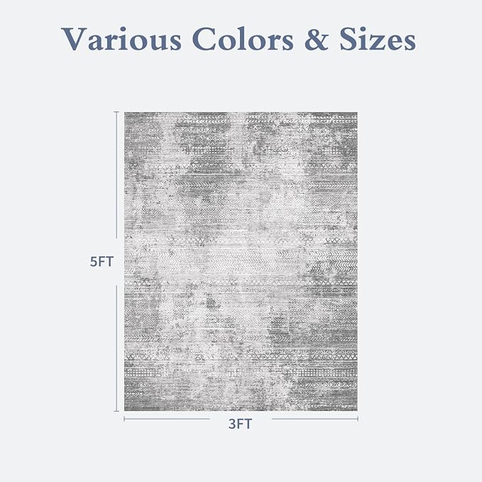 3 x 5 Rug Small Non Slip Machine Washable Rug Distressed Abstract Soft Indoor Carpet Neutral Boho Rug for Bedroom Living Room Entryway Kitchen Bedside, Grey