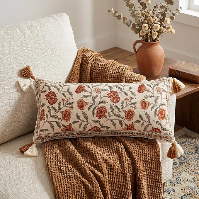ISAENNE French Elegant Linen Rectangle Throw Pillow Cover,28"x12"-Albano A | Designer Vintage Pillow Cover,Concealed Zipper Design,Orange Floral Pattern,Sofa,Bedroom,Living Room,Lounge Chairs