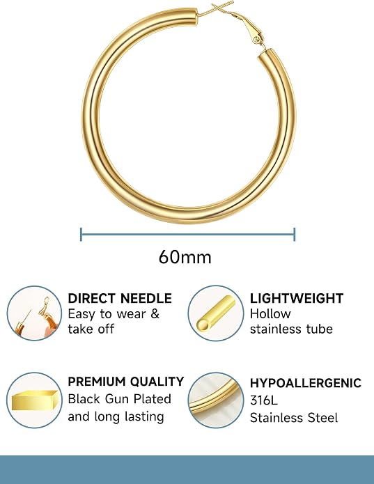Stainless Steel Chunky Hoop Earrings For Women, Minimalist and Chic, Black/Gold Plated, Round Hoops Earrings Hypoallergenic, Size: 30mm/40mm/60mm/80mm, Come with Box