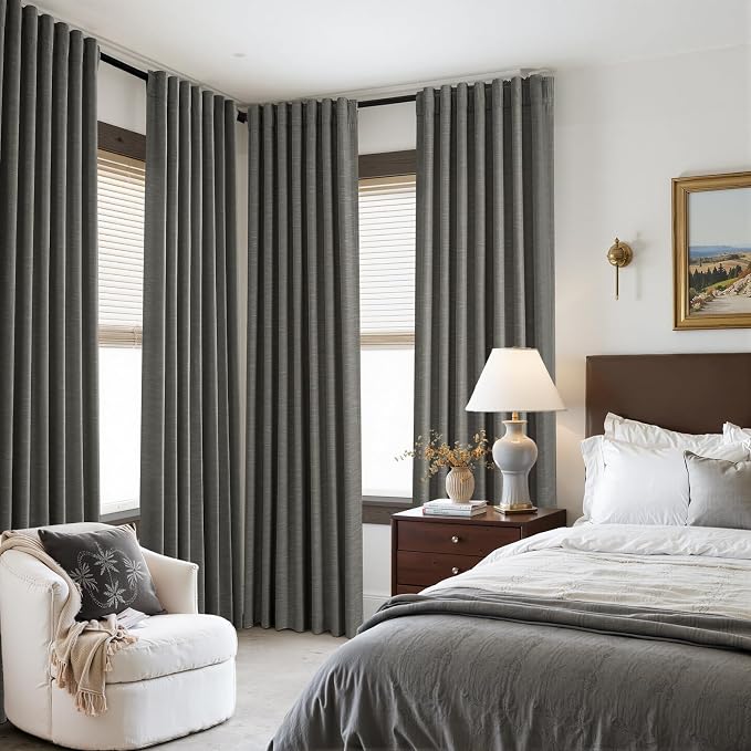 Topfinel Carbon Grey 84 Inch Total Blackout Bedroom Curtains, Farmhouse Linen Drapes with Rod Pocket & Back Tabs for Sliding Glass Doors, Classic Neutral Aesthetic Window Treatment 52" W*84" L