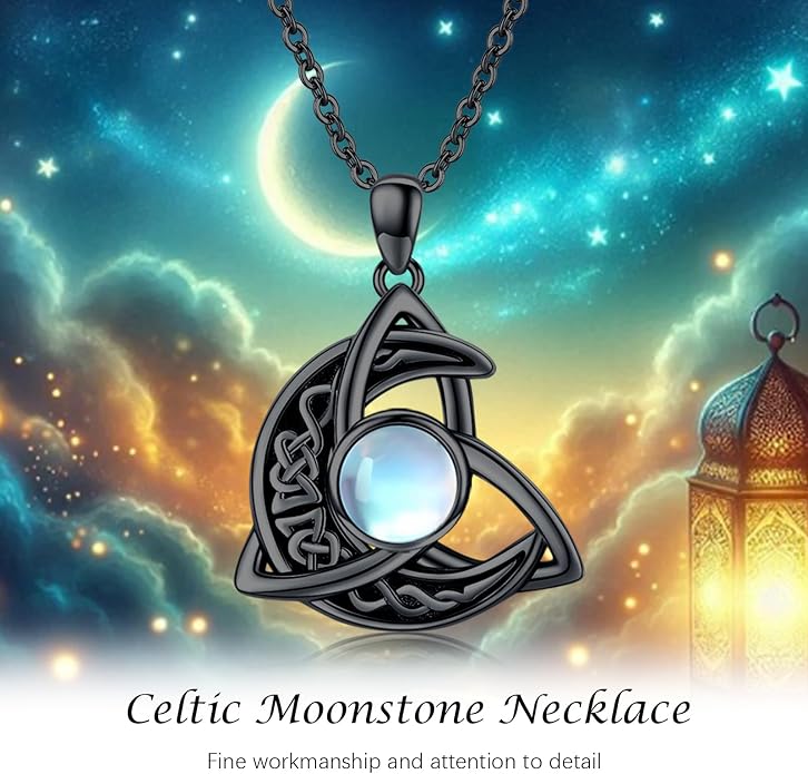 CHENGHONG Celtic Moon Necklace for Women 925 Sterling Silver Celtic Knot Moonstone Pendant Necklace Crescent Irish Necklaces Celtics Jewelry Gift for Women Men