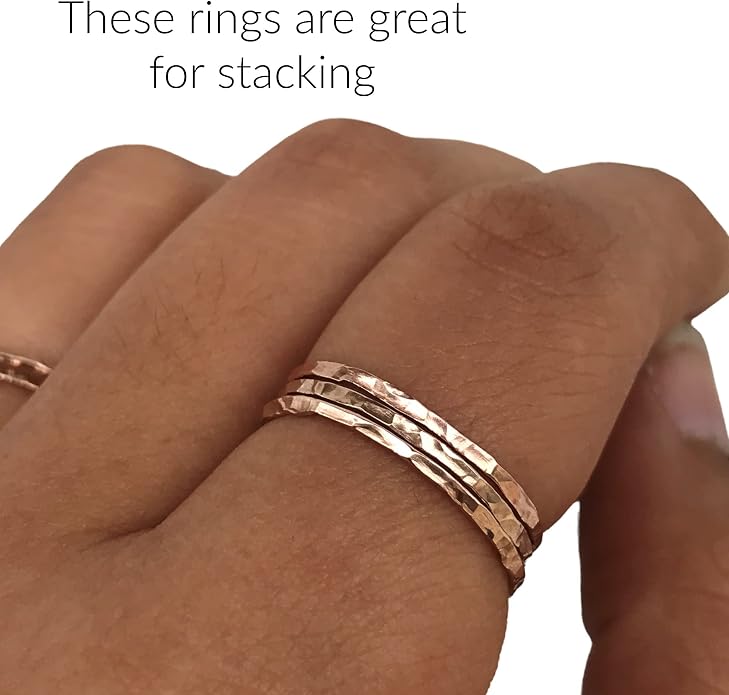 Ellie J Maui Hammered Ring, 1mm Thin Stacking Rings, Minimalist Rings for Women, 14K Gold Filled Rings for Teen Girls Midi Knuckle Pinky Finger Jewerly (Size 3-11)