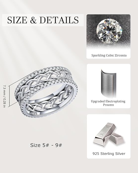 Celtic Eternity Wedding Bands Women - 925 Sterling Silver Cubic Zirconia Irish Promise Engagement for Her Size 5-9