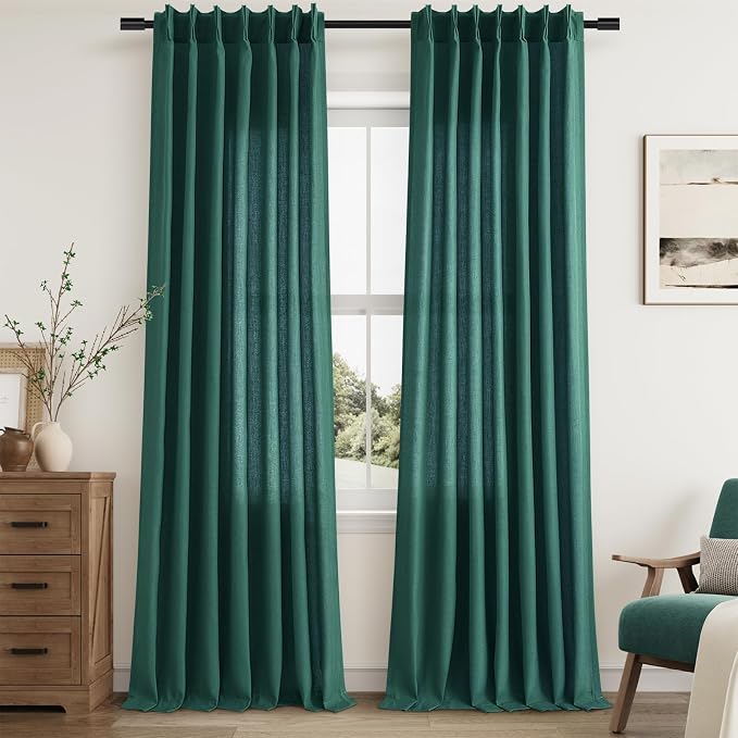 Aersas Dark Green Pinch Pleated Linen Curtains 102 Inch Length 2 Panels for Living Room Bedroom Semi Sheer Window Curtain Boho Neutral Back Tab Pinch Pleat Drape with Hooks 40x102