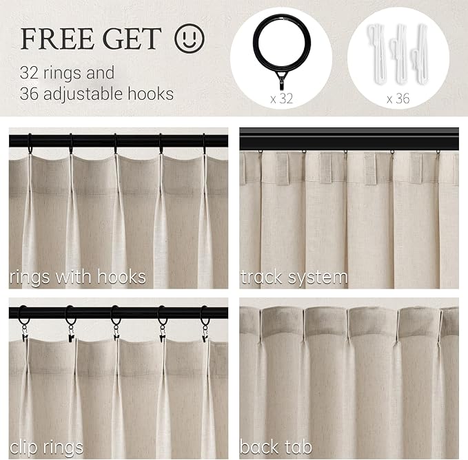 Topfinel 105 Inch Pinch Pleated Linen Curtains 2 Panels,Oatmeal Semi Sheer Curtains with Pleated Hooks Back Tab for Track System,Extra Long 8.75ft Curtain for Living Room Bedroom,72x105,Beige