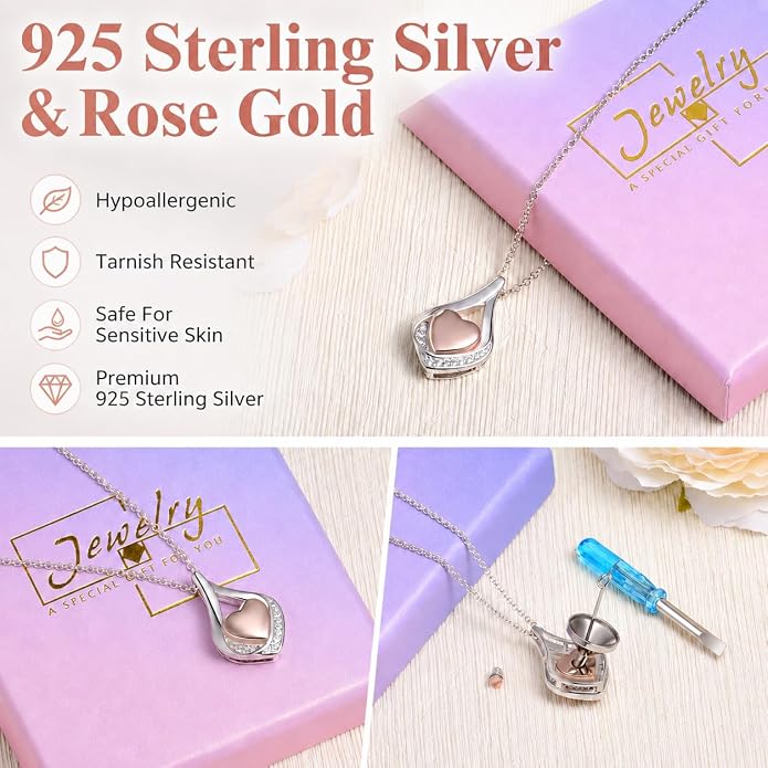 Cremation Jewelry 925 Sterling Silver Teardrop Urn Necklace for Ashes Heart Shape Memorial Keepsake Pendant for Human Ashes for Women Gift
