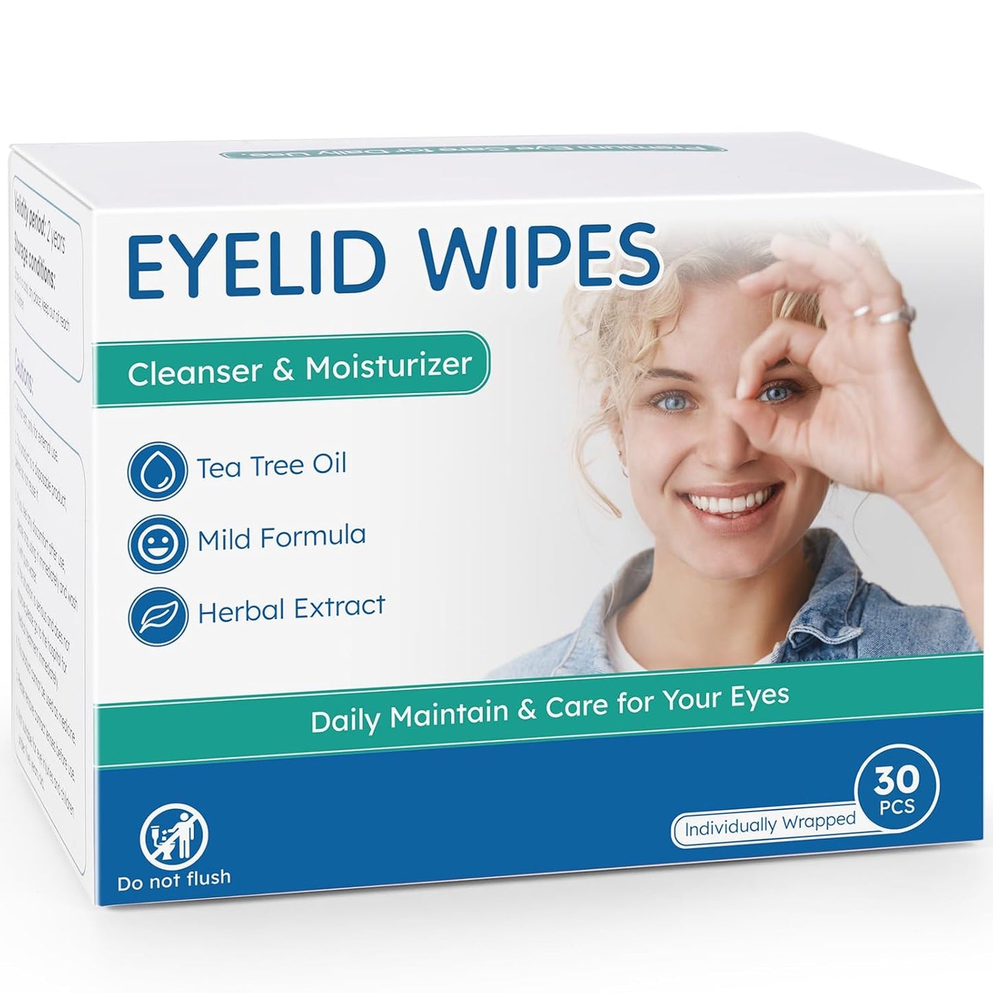 Eyelid Cleansing Wipes for Dry Eye & Blepharitis, Tea Tree Oil Hypoallergenic Eye Wipes for Sensitive Itchy Eyes, Individually Wrapped Eyelid WipesTravel Essentials (30 Count)