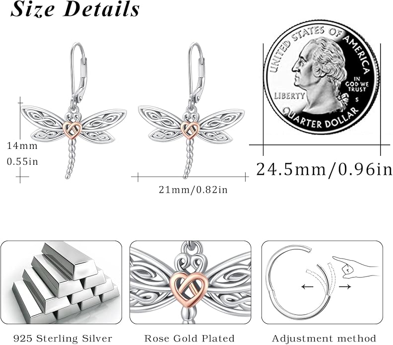 Dragonfly Leverback Hoop Hook Earrings 925 Sterling Silver Celtic Dangle Drop Earrings Dragonfly Huggie Earrings Dragonfly Jewelry Gifts for Women