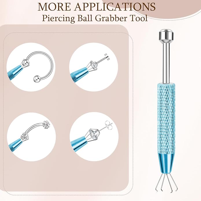 ONESING 2Pcs Piercing Ball Grabber Tool for Changing Jewelry, Stianless Steel Flat Back Earring Applicator Internally Threaded Push Pin Piercing Grabber Tool, Anti Slip 4 Claw Gem Ball Grabber Tool